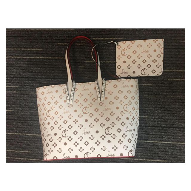 Chtistian Louboutin White/Red Gold Print Calf Tote Bag