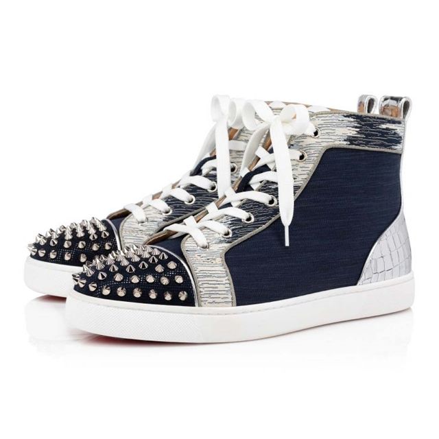 Christian Louboutin High Top Lou Spikes Orlato Version Marine Suede Leather