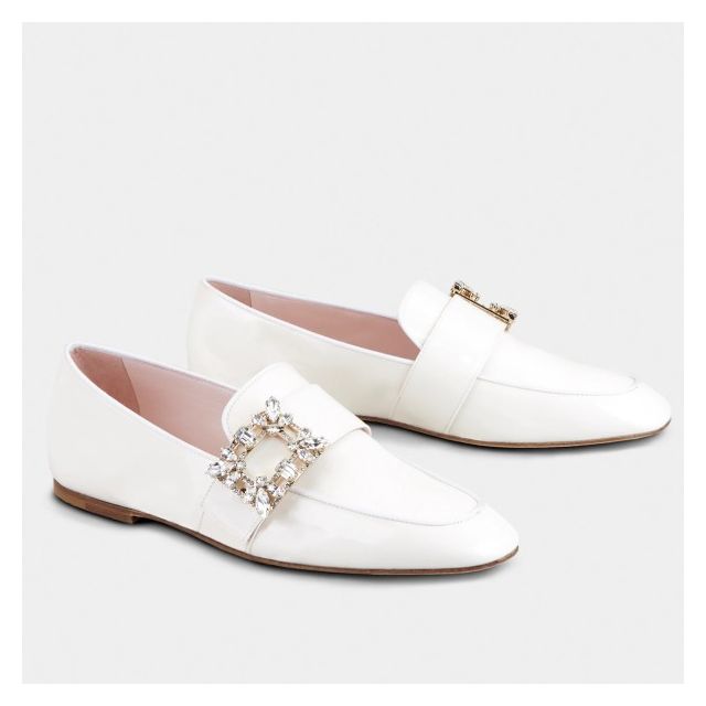 Roger Vivier Mini Broche Buckle Loafers White Patent Leather