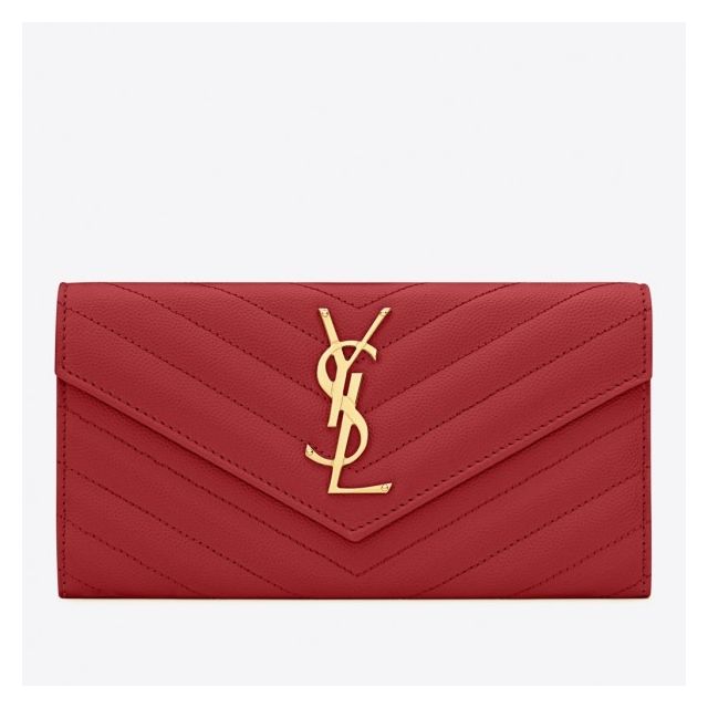 Saint Laurent Large Monogram Flap Wallet Red Grained Leather