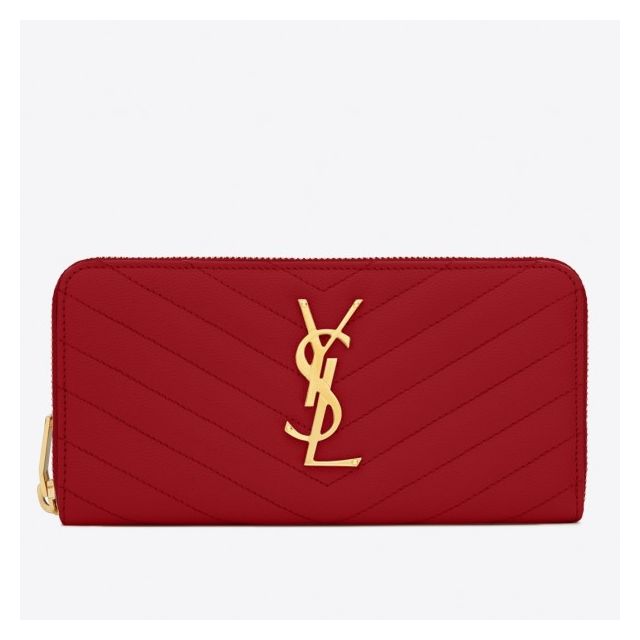 Saint Laurent Monogram Zip Around Wallet Red Grained Leather