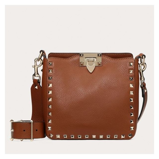 Valentino Mini Rockstud Hobo Bag Brown Grained Leather